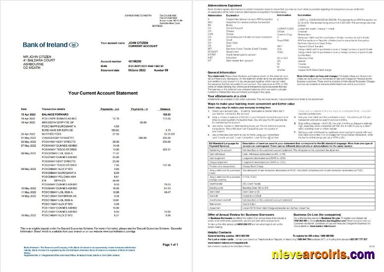 Irland Bank of Ireland statement 2 pages